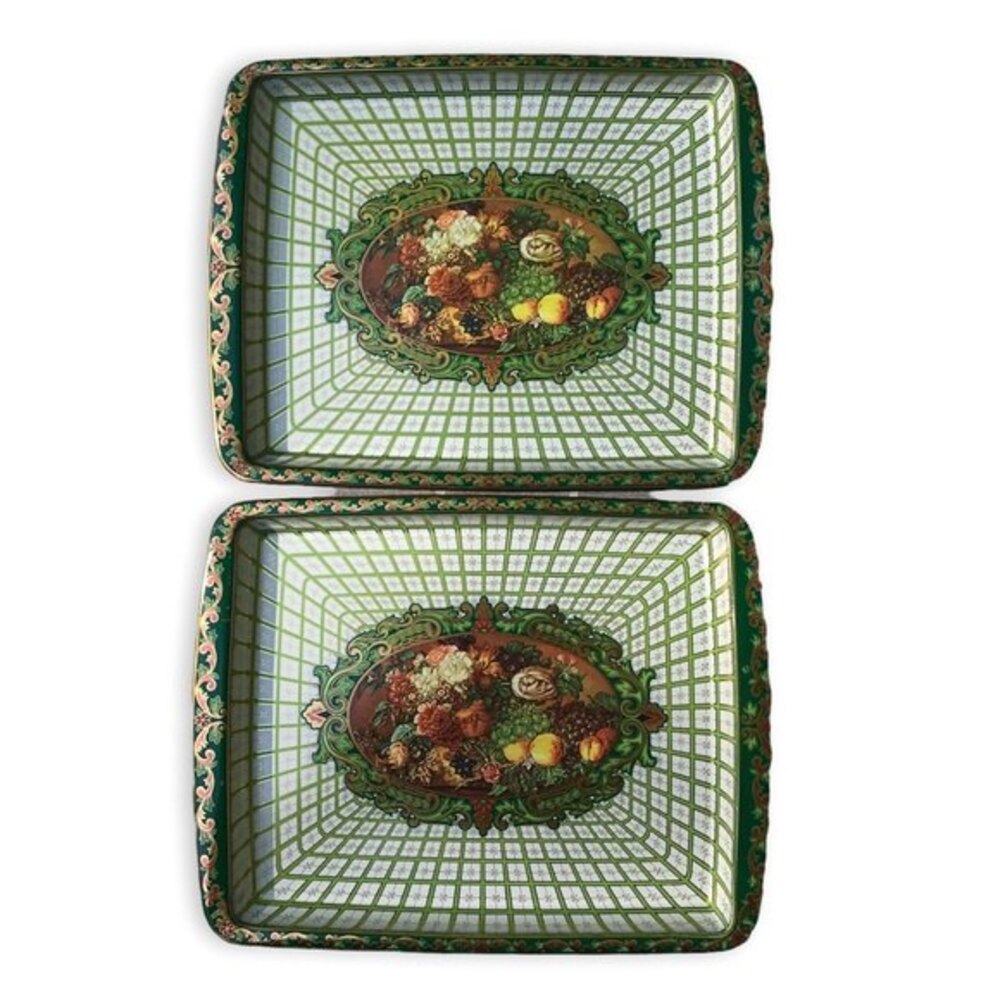 Vintage Daher Decorated Ware Floral Metallic Gold Metal Tray Pair of 2 8"X6"